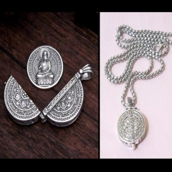 LORD BUDDHA COIN LOCKET PENDANT NECKLACE-Small 1" Silver Plated Amulet 24 inch - Picture 2 of 13